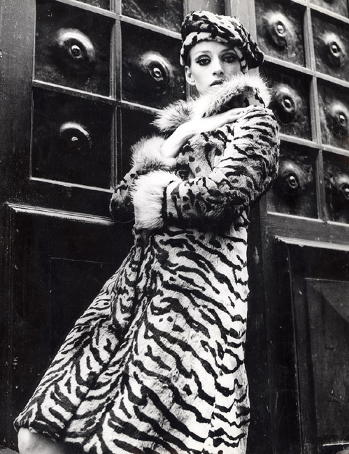 Ronald Falloon - Tiger-printed Rabbit Coat and Cap outside Chez Castel, Paris